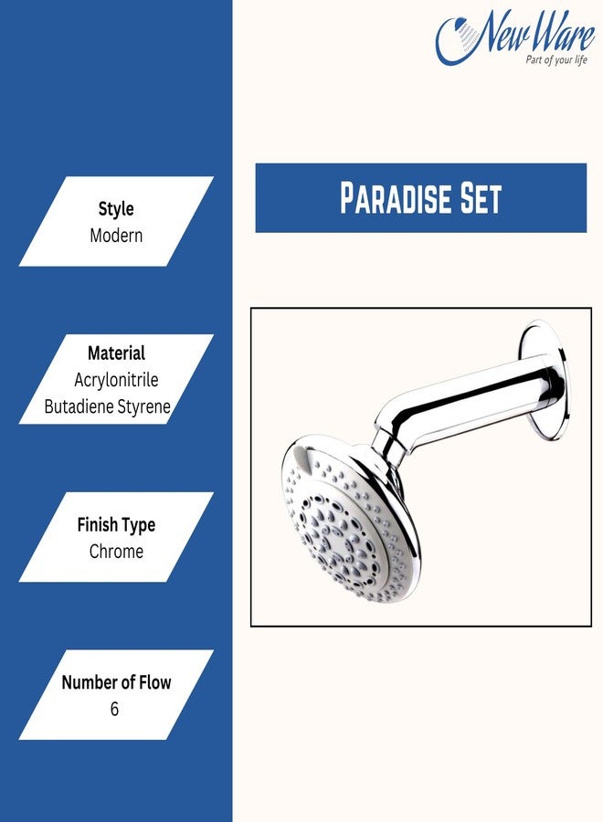 NEW WARE Fancy Overhead Shower Complete Set with 6 Different Flow Options and 7 Inch Brass Round Shower Arm for Bathroom - Chrome Finish - Image 4